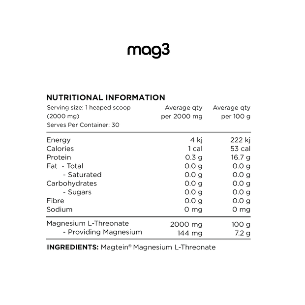 Nutritional information panel for Switch Nutrition Mag3 Magnesium L-Threonate Powder, showing details per serving size of 1 heaped scoop (2000 mg) and per 100 g. Highlights include 4 kJ of energy, 1 calorie, 0.3 g of protein, and 144 mg of magnesium per serving. Contains Magtein® Magnesium L-Threonate as the sole ingredient, with no fats, carbohydrates, sugars, fiber, or sodium.
