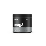 Switch Nutrition Mag3 Magnesium L-Threonate Powder - 100% pure magnesium L-threonate supplement in a sleek black and gray 60g container with vegan certification. Provides 30 servings, designed to support brain health, cognitive function, and relaxation. Ideal for those seeking a premium magnesium supplement in a vegan-friendly format.