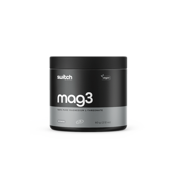 Switch Nutrition Mag3 Magnesium L-Threonate Powder - 100% pure magnesium L-threonate supplement in a sleek black and gray 60g container with vegan certification. Provides 30 servings, designed to support brain health, cognitive function, and relaxation. Ideal for those seeking a premium magnesium supplement in a vegan-friendly format.