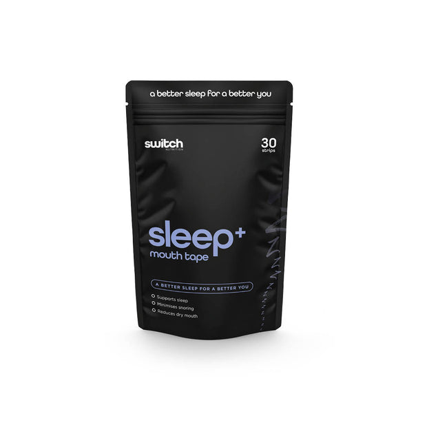 A black package of Sleep+ Mouth Tape by Switch Nutrition, featuring the tagline "a better sleep for a better you." The packaging highlights that the product supports sleep, minimises snoring, and reduces dry mouth. The package contains 30 strips.