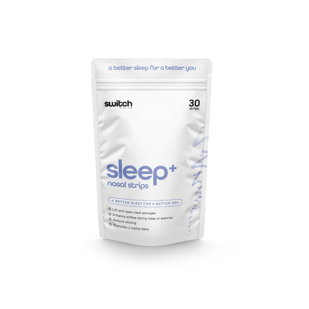 A white package of Sleep+ Nasal Strips by Switch Nutrition, featuring the tagline "a better sleep for a better you." The packaging highlights that the product lifts and opens nasal passages, enhances airflow, reduces snoring, and promotes restful sleep. The package contains 30 strips.