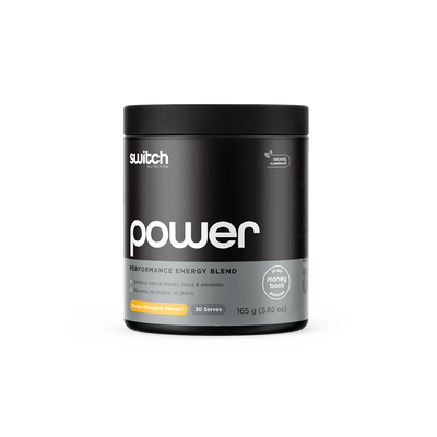 Black container of Switch Nutrition 'power' Performance Energy Blend in Red Raspberry flavor, offering 30 serves, with promises to enhance mental energy, focus, and alertness without crashes, tingles, or jitters.