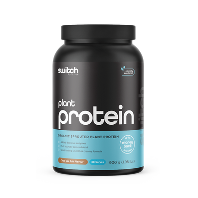 Black container of Switch Nutrition Protein labeled 'Organic Sprouted Plant Protein' in Vanilla Bean flavour with a '30-day money back guarantee' and '#1 plant protein' badge, containing 30 servings at 900g.