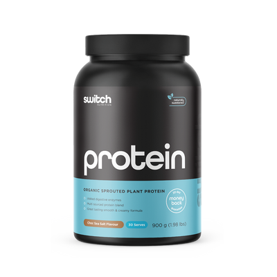 Black container of Switch Nutrition Protein labeled 'Organic Sprouted Plant Protein' in Vanilla Bean flavor with a '30-day money back guarantee' and '#1 plant protein' badge, containing 30 servings at 900g.