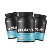 Three tubs of Switch Nutrition Protein labeled 'Organic Sprouted Plant Protein'with a '30-day money back guarantee' and '#1 plant protein' badge, containing 30 servings at 900g per tub.