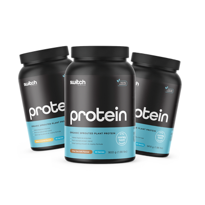 Three tubs of Switch Nutrition Protein labeled 'Organic Sprouted Plant Protein'with a '30-day money back guarantee' and '#1 plant protein' badge, containing 30 servings at 900g per tub.