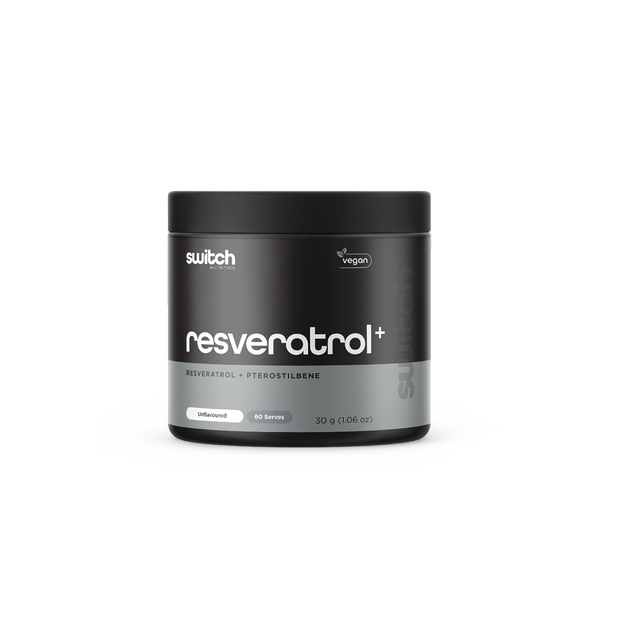 Switch Nutrition Resveratrol+ Resveratrol + Pterostilbene Unflavoured 30g (60 Serves) - Vegan-friendly supplement designed to support cellular health and anti-aging benefits. Comes in a black container.