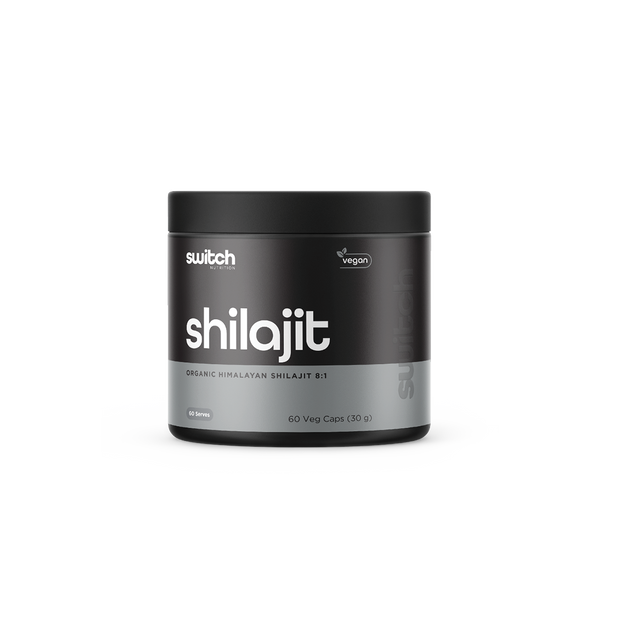 Switch Nutrition Shilajit Organic Himalayan Shilajit 8:1 30g (60 Veg Caps) - Vegan-friendly supplement designed to support energy, vitality, and overall health. Comes in a black container