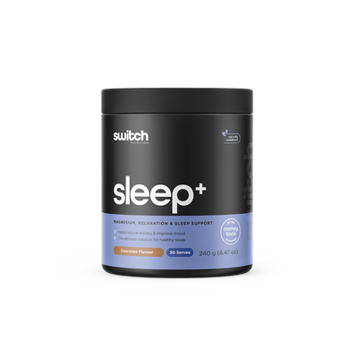 Switch Nutrition Sleep+ Magnesium, Relaxation & Sleep Support Supplement in Chocolate Flavor, 240g (30 Serves). Helps reduce anxiety, improve mood, and promote healthy sleep. Black container with a minimalist design.