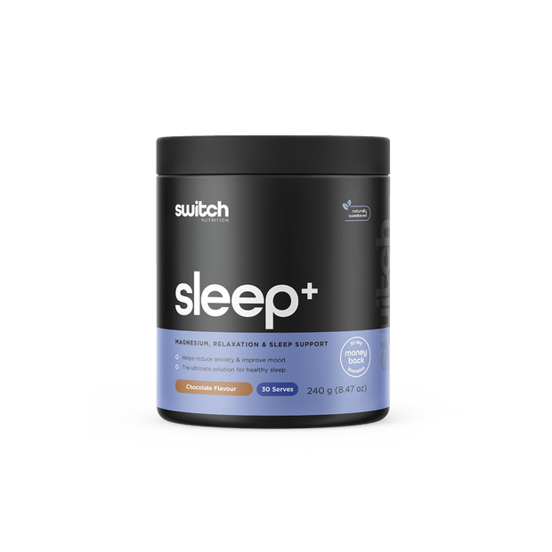 Switch Nutrition Sleep+ Magnesium, Relaxation & Sleep Support Supplement in Chocolate Flavor, 240g (30 Serves). Helps reduce anxiety, improve mood, and promote healthy sleep. Black container with a minimalist design.