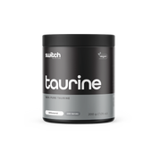 Container of Switch Nutrition's vegan Taurine supplement, stating 100% pure taurine with 200 servings in a 200g jar, unflavored, highlighting dietary inclusivity and purity.