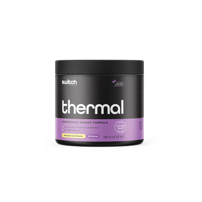 A jar of Switch Nutrition "thermal" thermogenic energy formula supplement against a transparent background. The jar is black with a gradient of purple to pink on the label, indicating a Mango Passionfruit flavor. It's advertised to increase energy, mental focus, and alertness with a playful tagline "Let's HEAT things up!" prominently displayed.