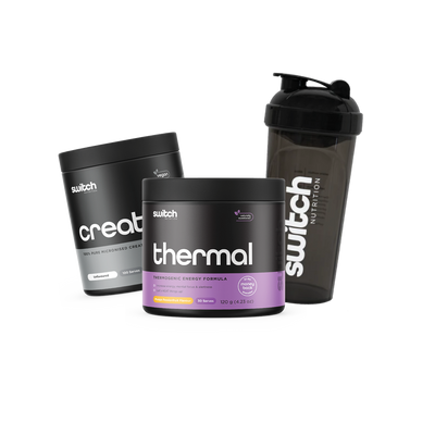 Switch Nutrition bundle featuring Thermal Switch thermogenic energy formula in Raspberry Passionfruit flavor, 100% pure micronised creatine powder in an unflavoured variant, and a branded Switch Nutrition black shaker bottle. This stack is designed to support energy, mental focus, and enhanced workout performance.