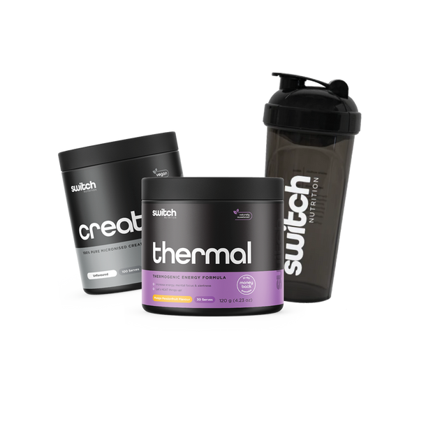 Switch Nutrition bundle featuring Thermal Switch thermogenic energy formula in Raspberry Passionfruit flavor, 100% pure micronised creatine powder in an unflavoured variant, and a branded Switch Nutrition black shaker bottle. This stack is designed to support energy, mental focus, and enhanced workout performance.