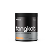 Container of Switch Nutrition 'tongkat' with '100% Pure Tongkat Ali' highlighted, vegan logo displayed, containing 60 servings in Paradise Fruits flavour.