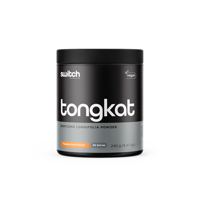 Container of Switch Nutrition 'tongkat' with '100% Pure Tongkat Ali' highlighted, vegan logo displayed, containing 60 servings in Paradise Fruits flavour.