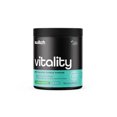 Vitality Switch 30 Serves - Revitalising Greens Powder in Cucumber Lime Flavour by Switch Nutrition. Supports gut health and digestion with prebiotics, probiotics, enzymes, vitamins, and minerals. 150g container with 30-day money-back guarantee.