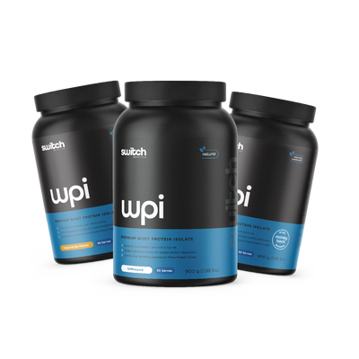 Switch Nutrition WPI Premium Whey Protein Isolate Bundle - Includes three 900g containers (30 Serves each) in Peanut Brittle, Milk Chocolate, and Vanilla Crème Flavours. Good source of protein, low carb & low fat with added digestive enzymes for greater protein absorption and fast absorbing hydrolysed Whey Protein Isolate. Naturally sweetened with a 30-day money-back guarantee.