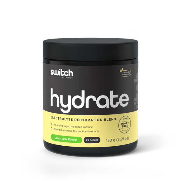Switch Nutrition HYDRATE Electrolyte Rehydration Blend in Lemon Lime Flavor, 150g container with 25 servings, displaying no added sugar or caffeine, and enriched with B-vitamins, taurine, and antioxidants, with a 60-day money-back guarantee seal.