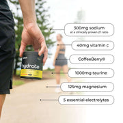 Hand holding a container of Switch Nutrition Hydrate with key ingredient benefits listed such as 300mg sodium and 1000mg taurine.