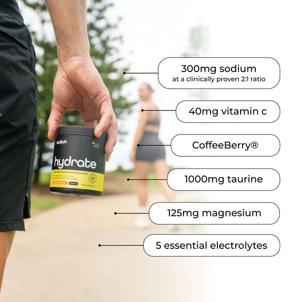Hand holding a container of Switch Nutrition Hydrate with key ingredient benefits listed such as 300mg sodium and 1000mg taurine.