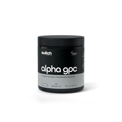 A black container labeled 'alpha gpc' with the subtext 'L-Alpha Glycerylphosphorylcholine' from Switch Nutrition, marked as vegan, offering 60 serves at 30 grams (1.06 oz).