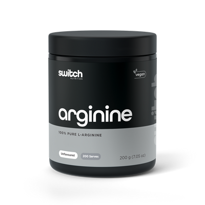 "Container of Switch Nutrition Arginine, offering 100% pure L-Arginine, vegan, unflavoured with 200 servings for workout support and recovery.