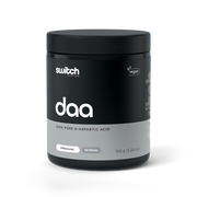 A black container of Switch Nutrition DAA, presenting as 100% pure D-Aspartic Acid. It's a vegan-friendly, unflavoured supplement with 50 servings contained within a 150g package.