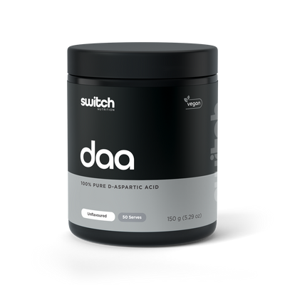 A black container of Switch Nutrition DAA, presenting as 100% pure D-Aspartic Acid. It's a vegan-friendly, unflavoured supplement with 50 servings contained within a 150g package.