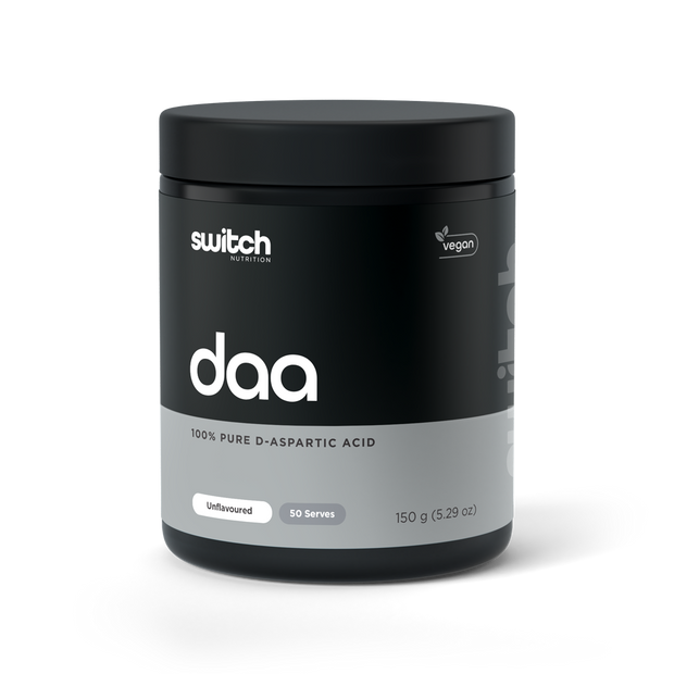 A black container of Switch Nutrition DAA, presenting as 100% pure D-Aspartic Acid. It&