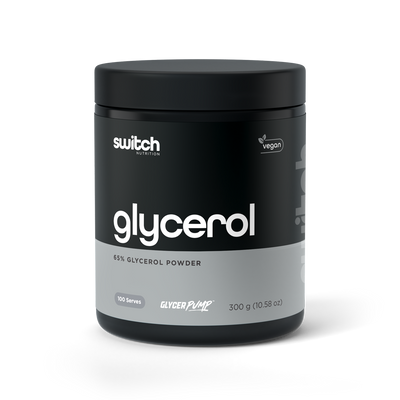 A container of Switch Nutrition Glycerol, which is a vegan 65% glycerol powder supplement. The label indicates 100 serves in a 300g container.