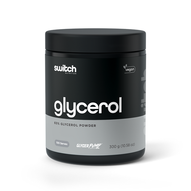A container of Switch Nutrition Glycerol, which is a vegan 65% glycerol powder supplement. The label indicates 100 serves in a 300g container.