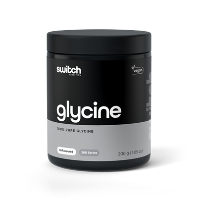 Black container of Switch Nutrition Glycine supplement, marked as 100% pure glycine, vegan, and unflavoured. It contains 200 servings in a 200g container.