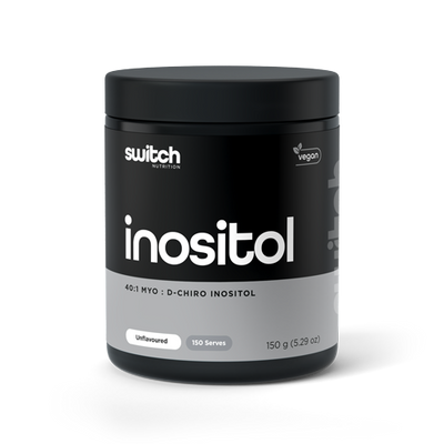 A container of "Switch Nutrition" inositol supplement, 40:1 Myo to D-Chiro ratio, vegan, unflavored, 150 serves, 150g. Transparent background.