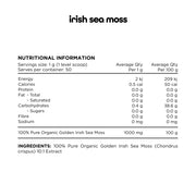 Nutritional label for Switch Nutrition Irish Sea Moss showing low calories, carbohydrates, and 1000 mg of sea moss per 1 g serving.