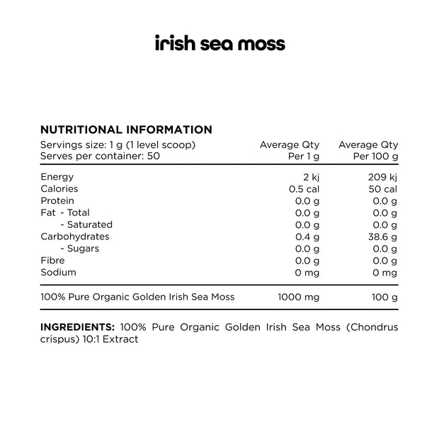 Nutritional label for Switch Nutrition Irish Sea Moss showing low calories, carbohydrates, and 1000 mg of sea moss per 1 g serving.