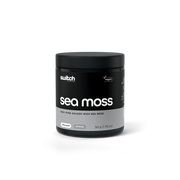 Container of Switch Nutrition Sea Moss, vegan, unflavoured, with 50 servings of 100% pure golden Irish sea moss.