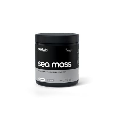 Container of Switch Nutrition Sea Moss, vegan, unflavoured, with 50 servings of 100% pure golden Irish sea moss.