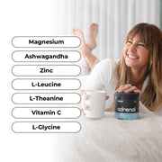 A female laying in bed drinking from a mug, with a black jar labeled 'adrenal' in the foreground and bullet points listing benefits such as sugar-free, nightly relaxation, muscle recovery support, stress response aid, and fatigue reduction.