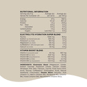 Nutritional information for Hydrate including calories, protein, and a detailed electrolyte and vitamin blend breakdown