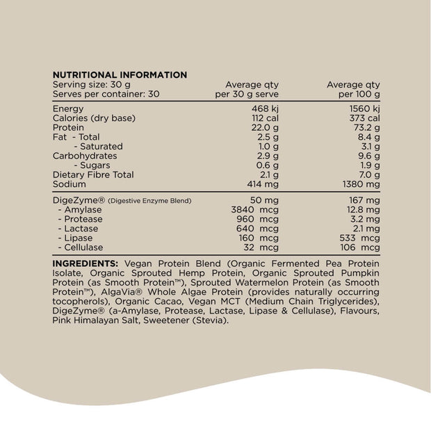 Nutrition Information panel for Protein Switch Plant Protein by Switch Nutrition. 30 Serve container.