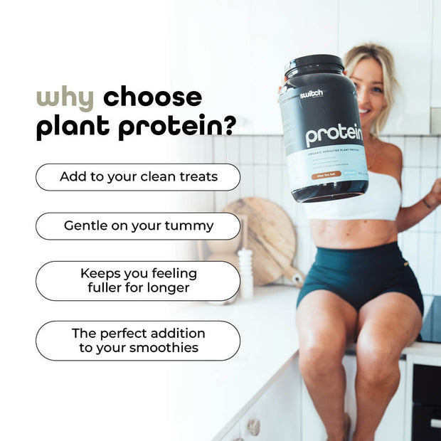 Joyful woman holding a large container of Switch Nutrition Protein next to a caption &