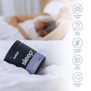 Sleep+ supplement container with icons highlighting key features: no added sugar, dairy-free, gluten-free, 100% natural, and Australian made, with a person relaxing in the background.