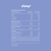 Nutritional information panel for Sleep+ detailing ingredients, serving size, average quantities per serve and per 100g, and blends like sleep support, relax and unwind, and ZMA blend