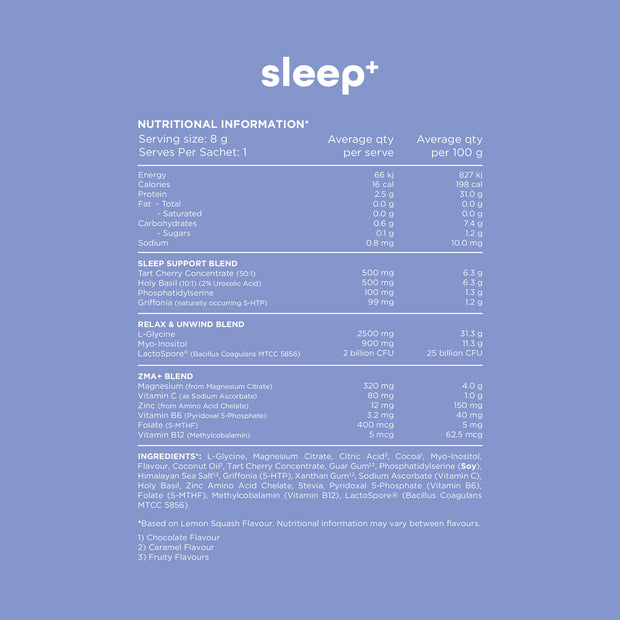 Nutritional information panel for Sleep+ detailing ingredients, serving size, average quantities per serve and per 100g, and blends like sleep support, relax and unwind, and ZMA blend