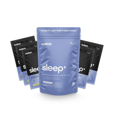 Switch Nutrition Sleep+ sample pack featuring five pouches in assorted flavors, designed for magnesium, relaxation, and sleep support. Packaging includes the tagline 'Ready for your best 5 nights sleep?' with flavor options: Lemon Squash, Lemon Ginger, Honey Chamomile, and Limited Edition flavors. Ideal for promoting restful sleep and mood improvement.