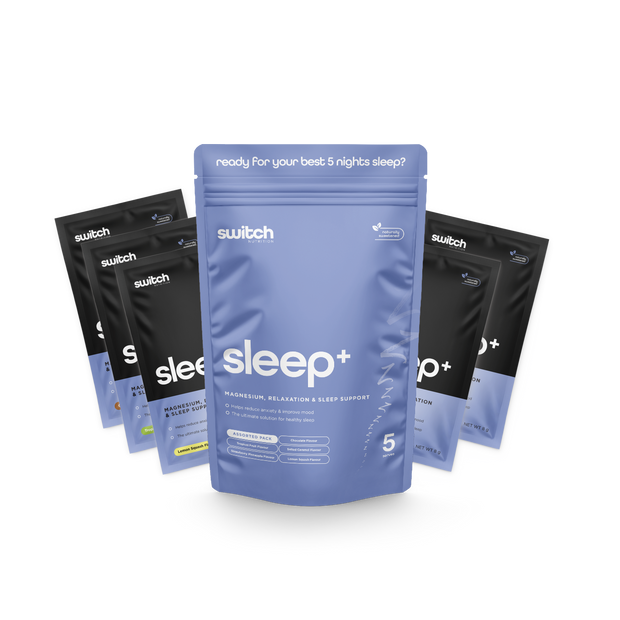 Switch Nutrition Sleep+ sample pack featuring five pouches in assorted flavors, designed for magnesium, relaxation, and sleep support. Packaging includes the tagline &