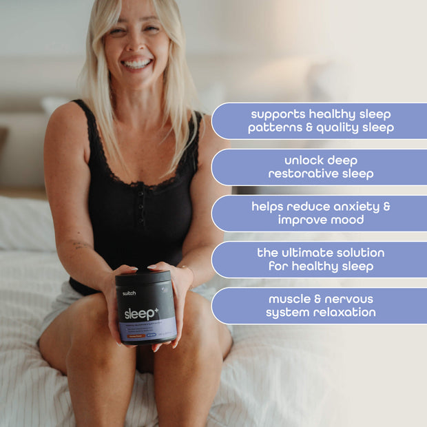 Smiling woman sitting on a bed holding a Sleep+ supplement container, with text highlighting benefits like supporting healthy sleep patterns, unlocking deep restorative sleep, reducing anxiety, improving mood, and muscle relaxation.