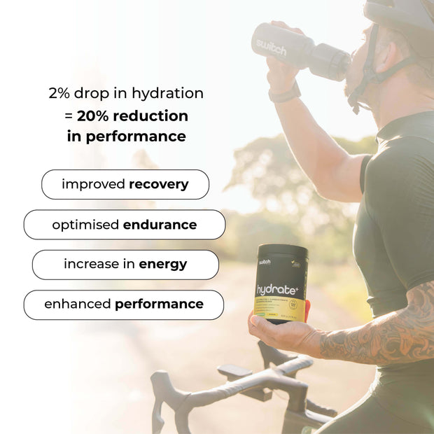 Promotional image of a cyclist drinking from a water bottle with &