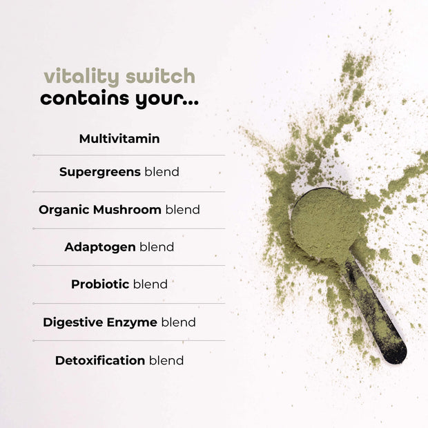 Spoonful of Vitality Switch Greens Powder spilling onto a white surface with a list of contents like Multivitamin, Supergreens blend, and Probiotic blend on the side.
